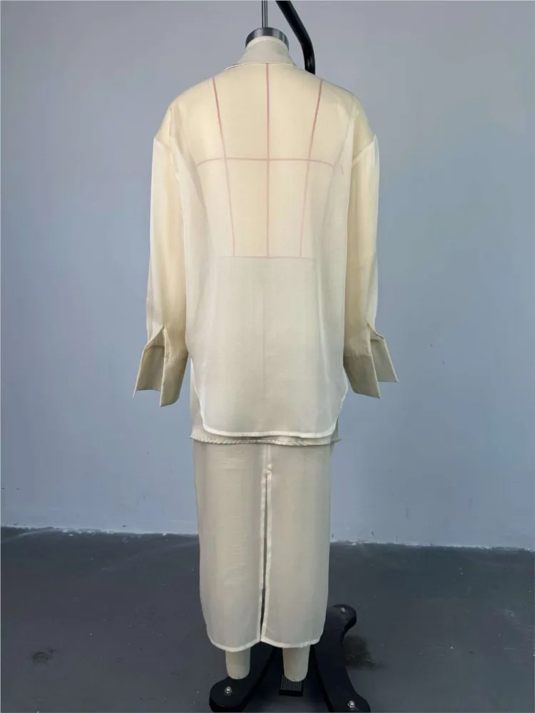 Set di gonne a rete sexy da donna 2025 nuova primavera vedere attraverso camicette + gonna lunga con giunture a vita alta elegante set da due pezzi da donna da ufficio