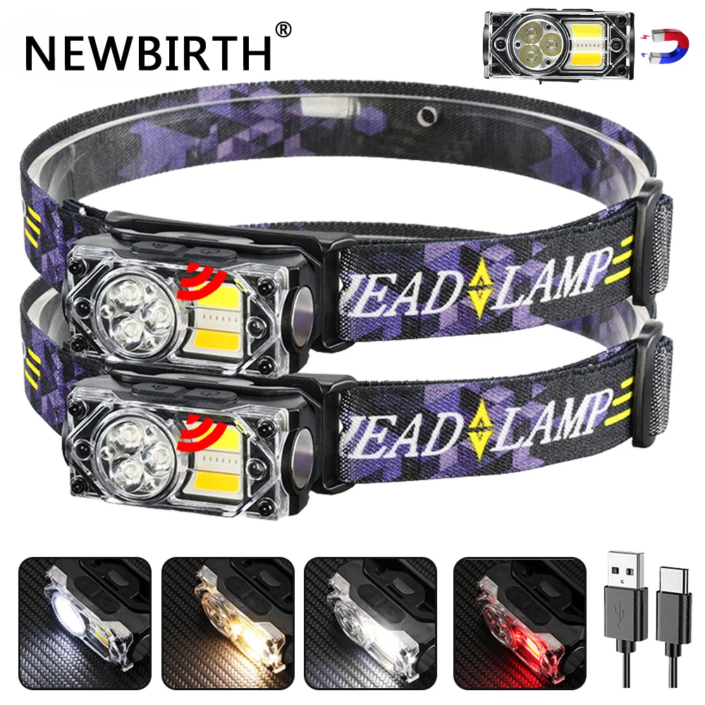 XPE+COB LED Headlamp USB Rechargeable Sensor Head Flashlight Built-in Battery with Magnet Head Torch for Camping Fishing Lantern
