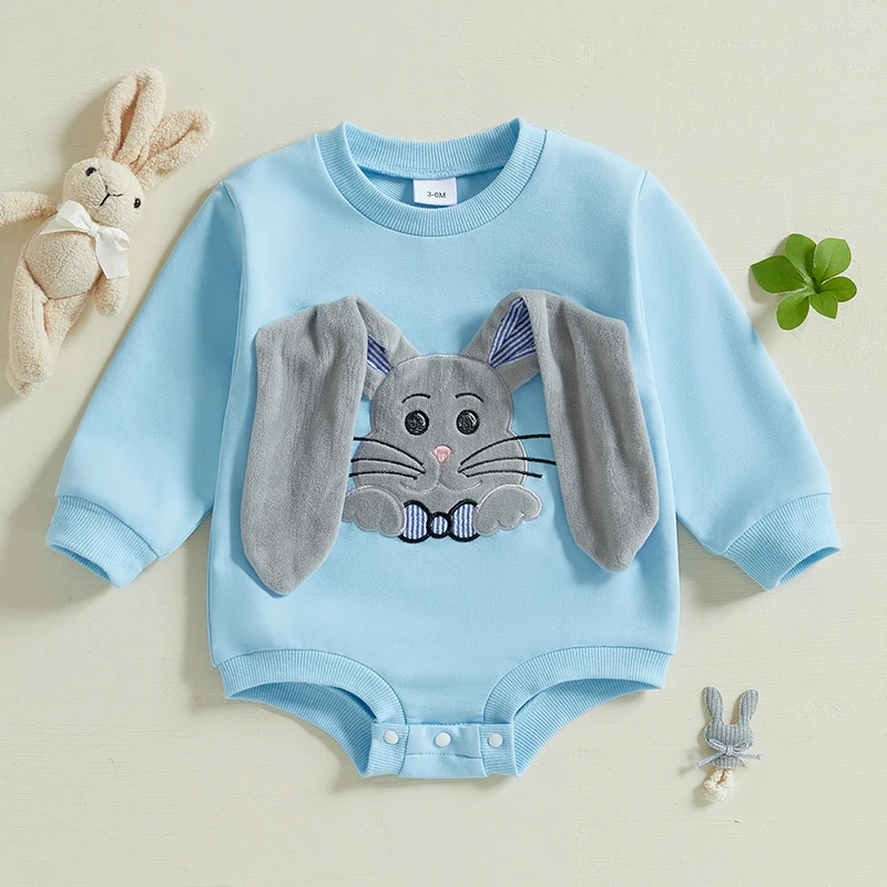 Easter Newborn Baby Boy Outfit Floppy Eared Bunny Embroidered Bubble Romper Long Sleeve Jumpsuit Clothes