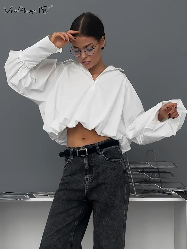 Mnealways18 Fashion Street Style Raglan Sleeve White Shirts Cropped Drape Classic Lapel Women Blouses Autumn 2024 Casual Tops