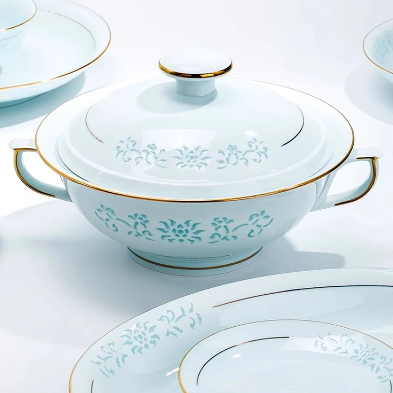 Underglaze Colour Dinnerware Set Celadon Linglong Porcelain Bowl Plate Dinnerware Set Household Bone China Tableware Set Gift - Image 6