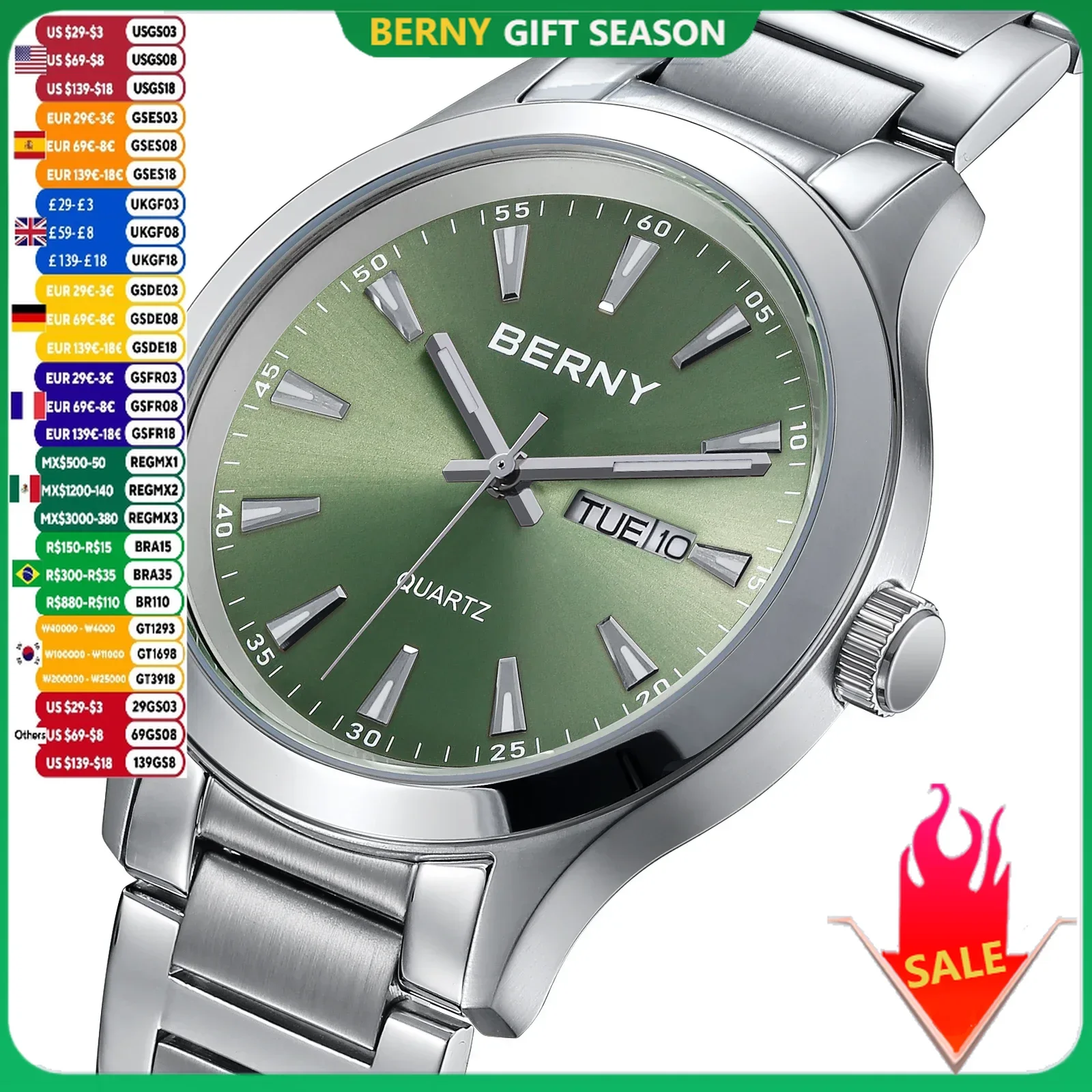 BERNY Men\'s Watches Week Date 40mm Quartz Wristwatch Full Stainless Steel Fashion Dress Business Sports Elegant Men\'s Watch