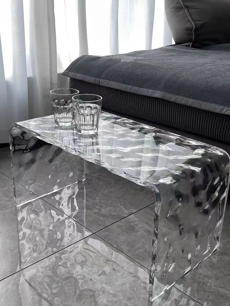 Modern Acrylic Water Ripple Pattern Edge Table Sofa Luxury Small Side Table Bay Window Small Coffee Table Transparent Corner Tab