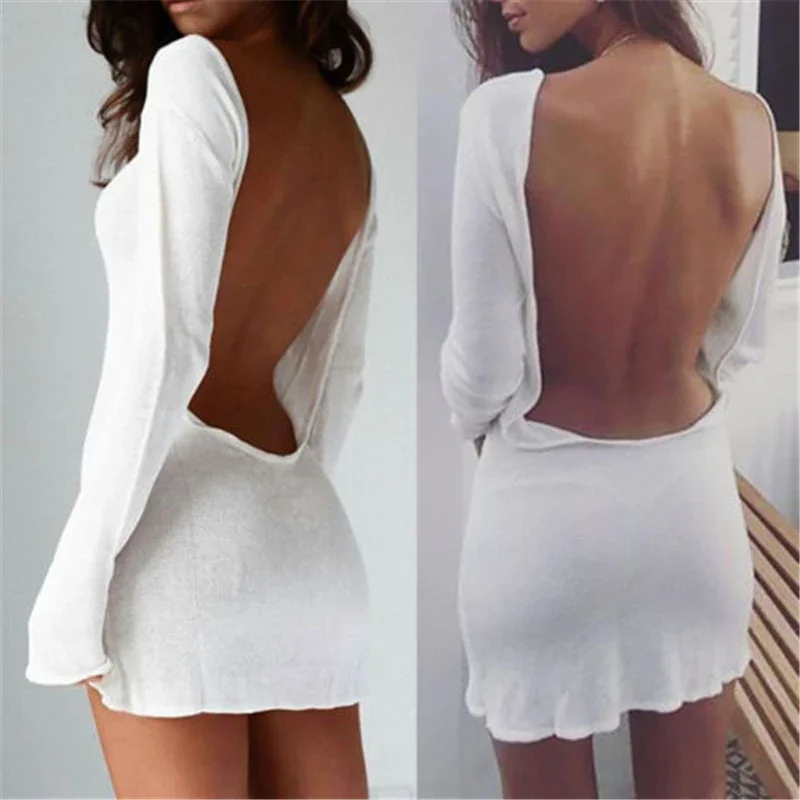 Women's Sexy Dress Solid Color Round Neck Long Sleeve Backless Hip Dress Slim-Fit Summer Short Dresses for Party Clubwear Y2k