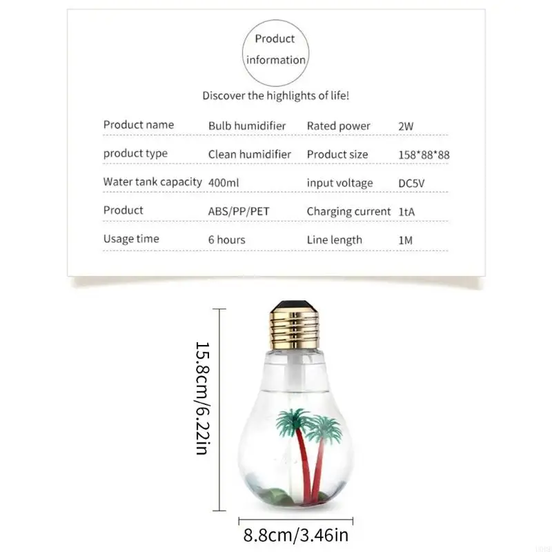 Humidificador silencioso, luz LED nocturna, estilo bombilla moderna, humectante aire, alimentación USB, textura para