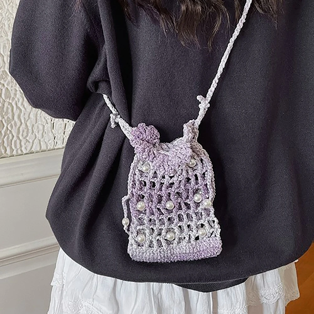 

Summer Gradient Knitted Pearls Crossbody Bag Women's Vacation Party Dating Beach Hollow Out Shoulder Bags Casual Messenger Bags