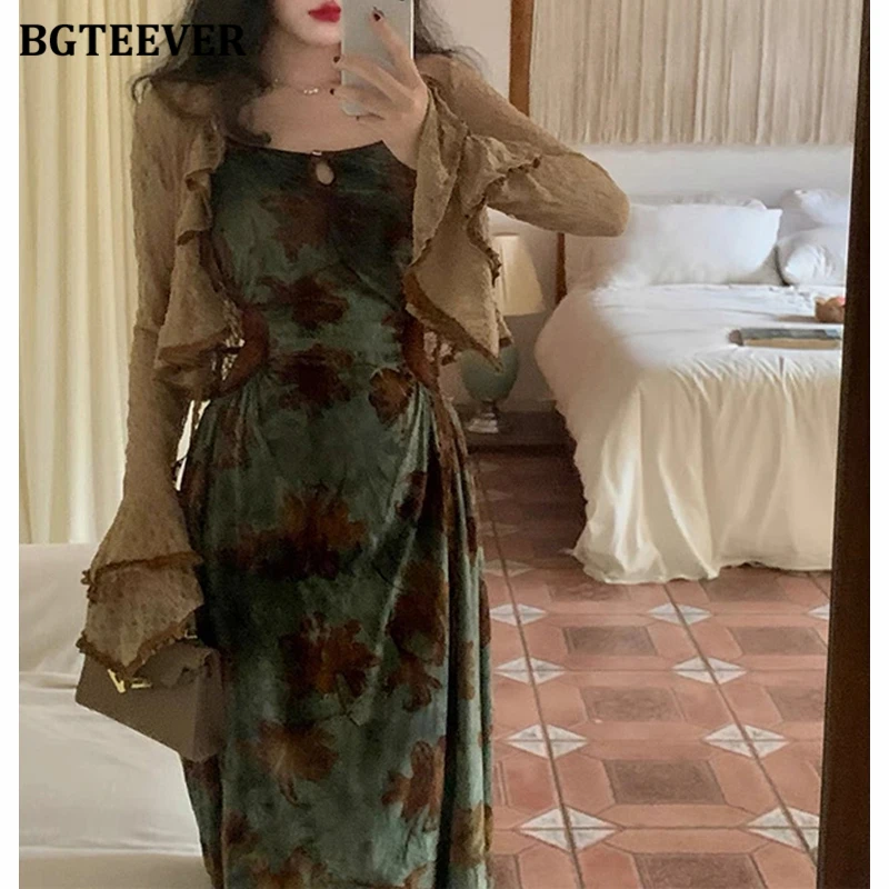 BGTEEVER Vintage Slim Women 2 Pieces Dress Set Long Sleeve Cardigans Tops & Printed Bodycon Dress Spring Fashion Ladies Outfits