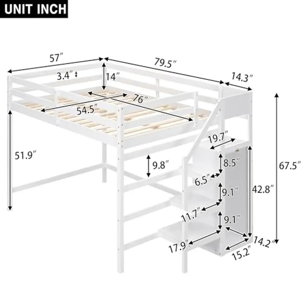 Full Size Wood Loft Bed Frame with Staircase Storage Wardrobe & Shelves High Quality Pine Full Loft Bed Elegant Design Kids