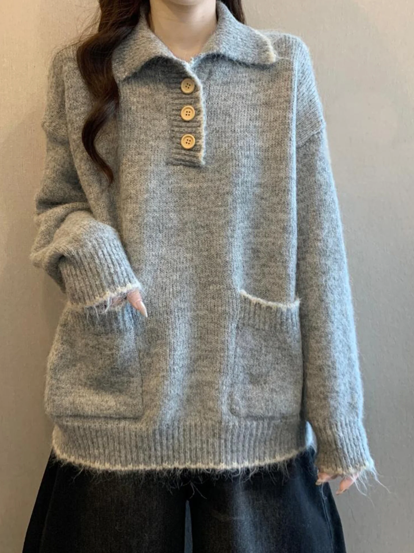 

Korean Sle Color Blo Long Sve Knitted Sweater Women's Autumn Winter plus Size Soft Cozy Collar Loose Fit Sweater
