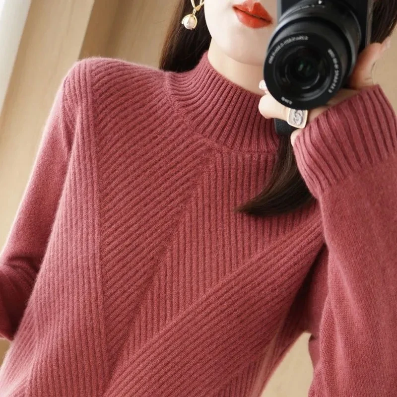 

Autumn Winter Women Sweaters Pullovers New Solid Half Turtleneck Twill Knitted Sweater Female Bottom Jumpers Tops Women Clothing
