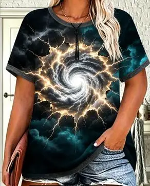 Women Contrast Trim Short Sleeve T-shirt Lightning Vortex Cloud Sky Print Casual Summer Tee