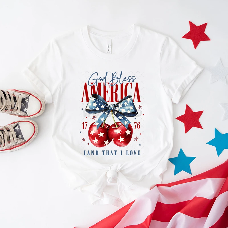 

July 4th God Bless America Graphic T Shirts Women USA Flag Cherry Classic Tops 4th of July Casual Crew Neck Short Sleeve Tee Top