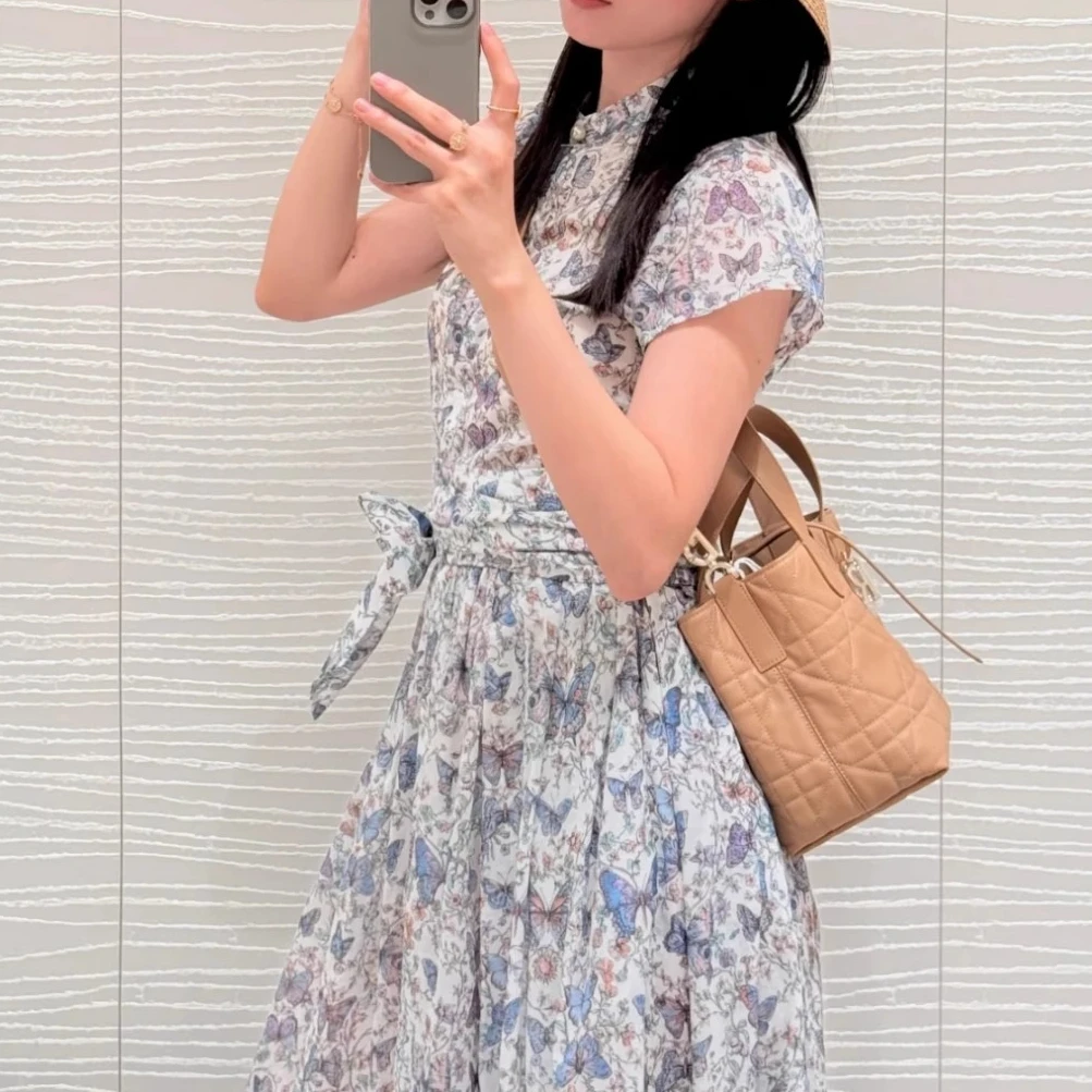 فستان أنيق برباط مطبوع على شكل فراشة للنساء برقبة دائرية وأكمام قصيرة ملابس خروج فيستدوس بودي كون قماش أنيق عتيق للسيدات #2