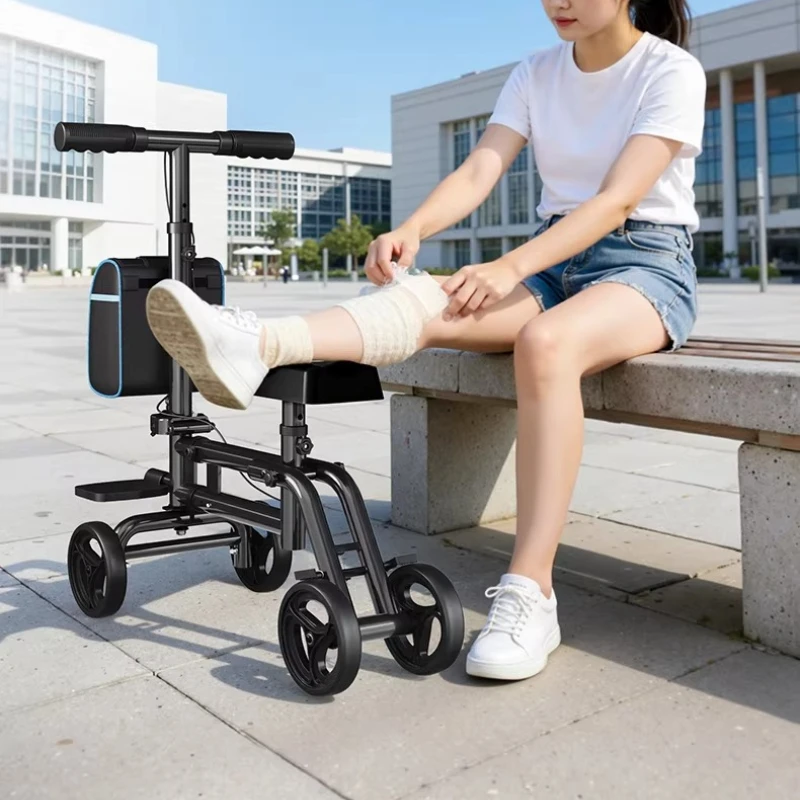 Elderly Disabled Knee Walkers Foldable Seated Training Home Auxiliary Training Crutches Trolley Four-wheeled Walker Knee Scooter