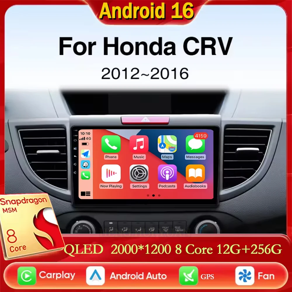 For Honda CRV 2012 2013 2014 2015 2016 CarPlay Auto Android 16 2K QLED Car Radio Multimedia Video Player GPS stereo Head Unit 4G