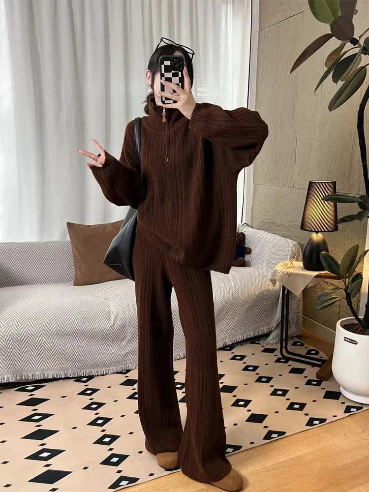 

Chic Autumn Winter Women's Long Sve Knitted Sweater with f Zip Stand Collar And High Waist Casual Pants Faion Set