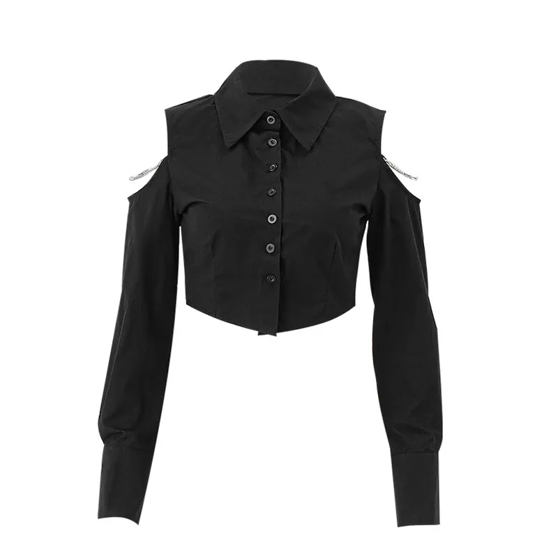 WhereMery OL Sexy Off Shoulder Black Blouse Polo-neck Button Cardigan Crop Tops Women Formal Occasions Long Sleeve Slim Clothes