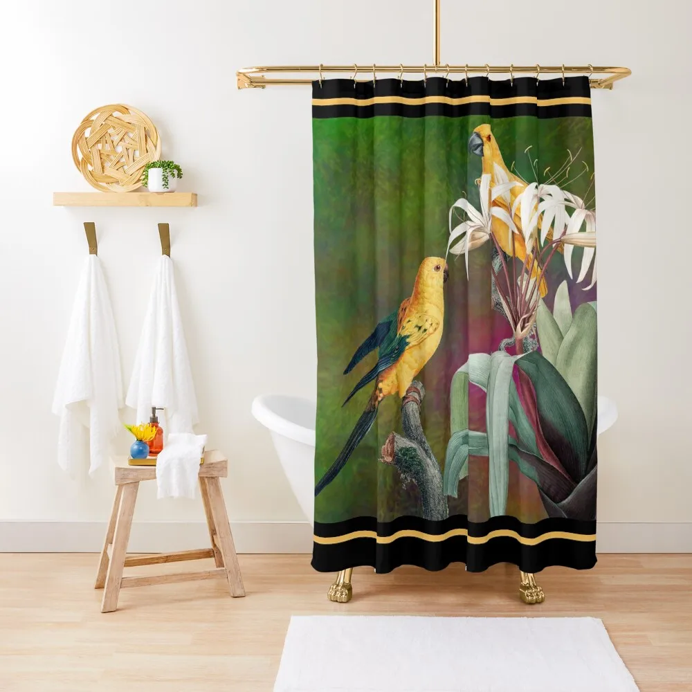 

Jungle Parrots with a Colorful Background on a Bold Black Border accented with Yellow Gold trim Shower Curtain
