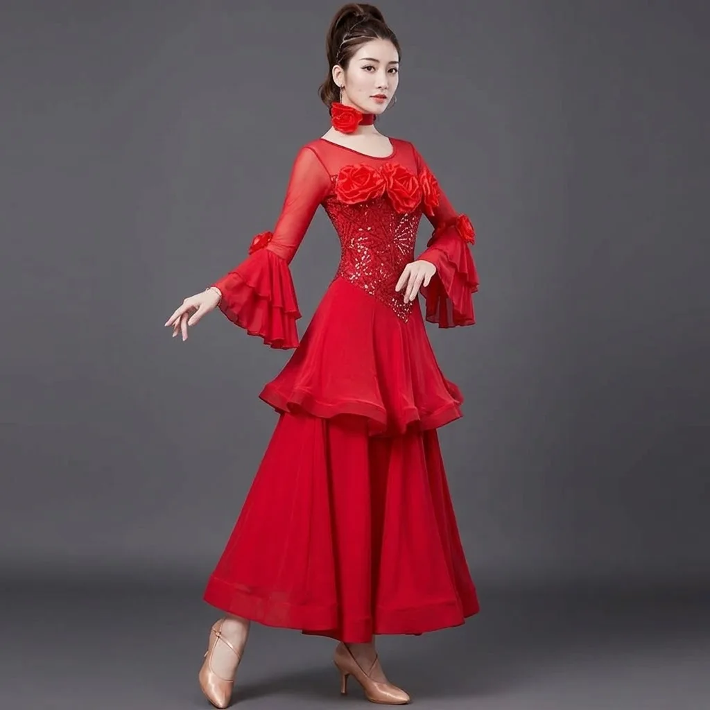 Sequin 3D Rose Flower Ballroom Dance Dress Women Long Sleeve Layered Modern Waltz Standard Competition Performance Costume