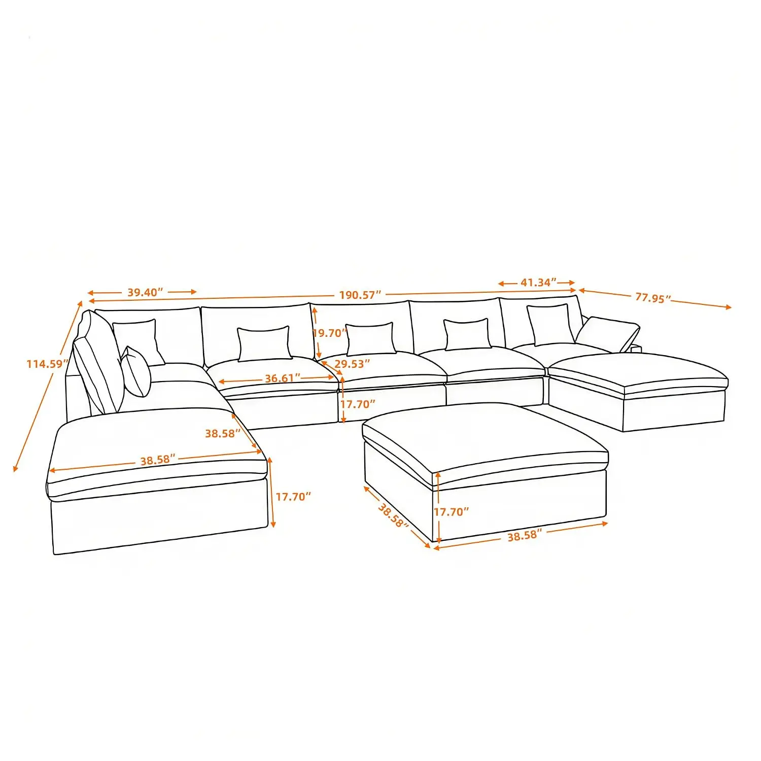 U Shaped Sectional Sofa with Storage Ottoman, Down Filled 9 Seater Convertible Sleeper, 190