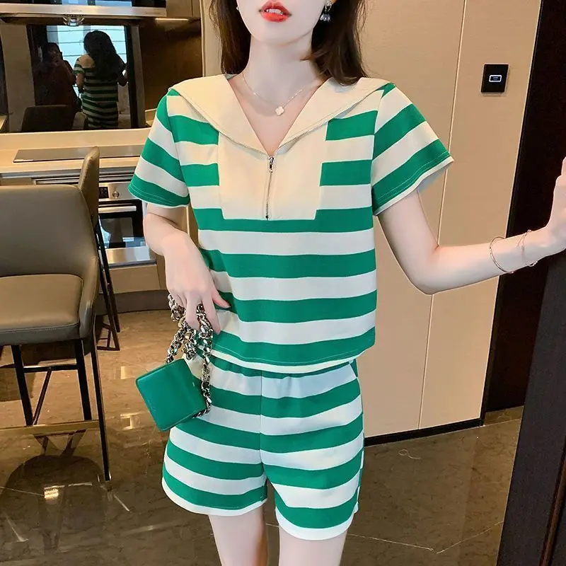 Women's Casual Suit 2026 Summer New Korean Tracksuit Stripe Shirts Tops Shorts Running Slim Home Clothes Two Piece Set For Girls