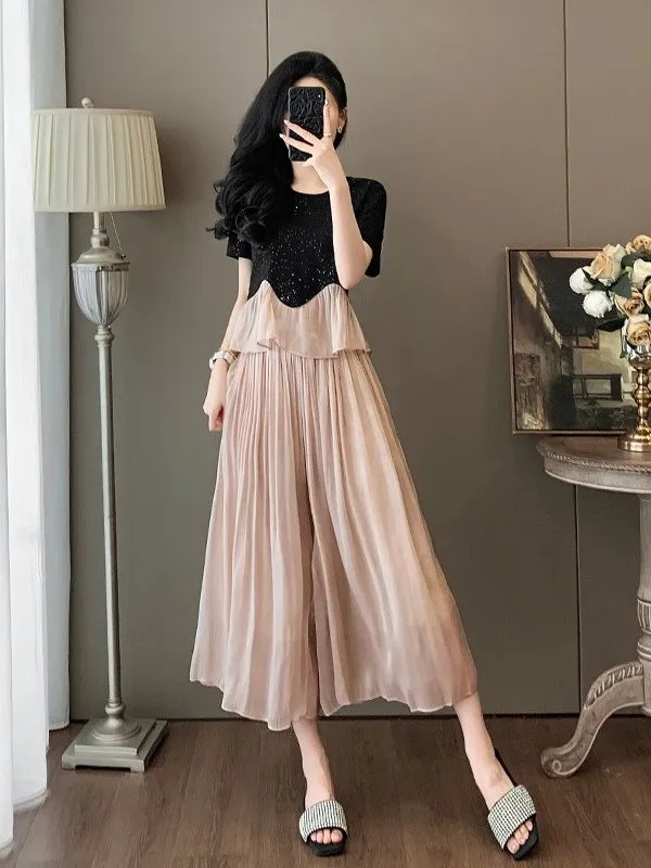 

Elegant Fashion Set Women's Summer Lightweight Luxury Short Sleeve Top Pink Mesh Pants Skirt Two-Piece Set Casual Sportswear