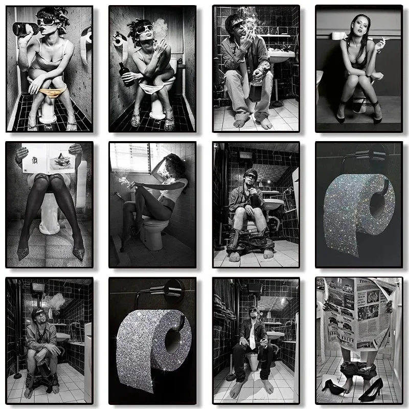 Black and White Sexy Woman Bar Girl Drinking Smoking Poster Canvas Painting Fashion Roll Paper Wall Art Bathroom Toilet Decor