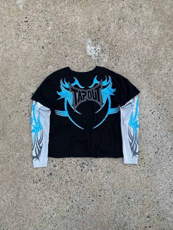 

Fake Two-Piece Y2K Tapout Tops Mens Hip-Hop Gothic Street Clothes American Trend Unisex Long-Sleeved Casual Fashion Baggy Tops