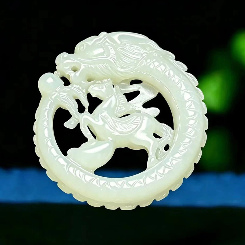 

- Hetian white and horse pendant necklace, jade ornament, hollowed-out sweater chain accessory