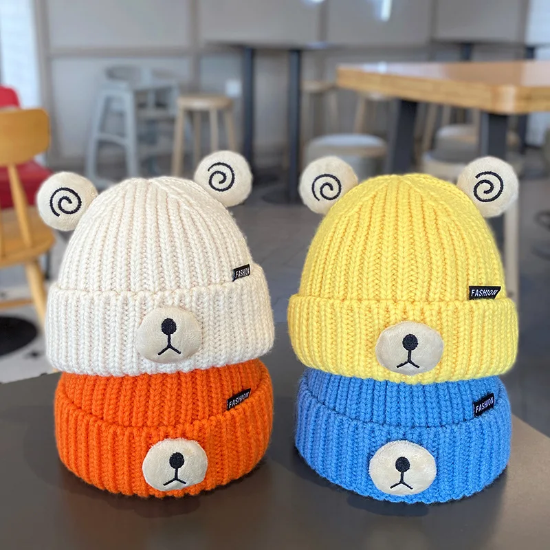 

Осенне-зимняя вязаная шапка с мультяшным медведем для мальчиков и девочек, милый пуловер, вязаная шапка, теплая, ветрозащитная и защита ушей