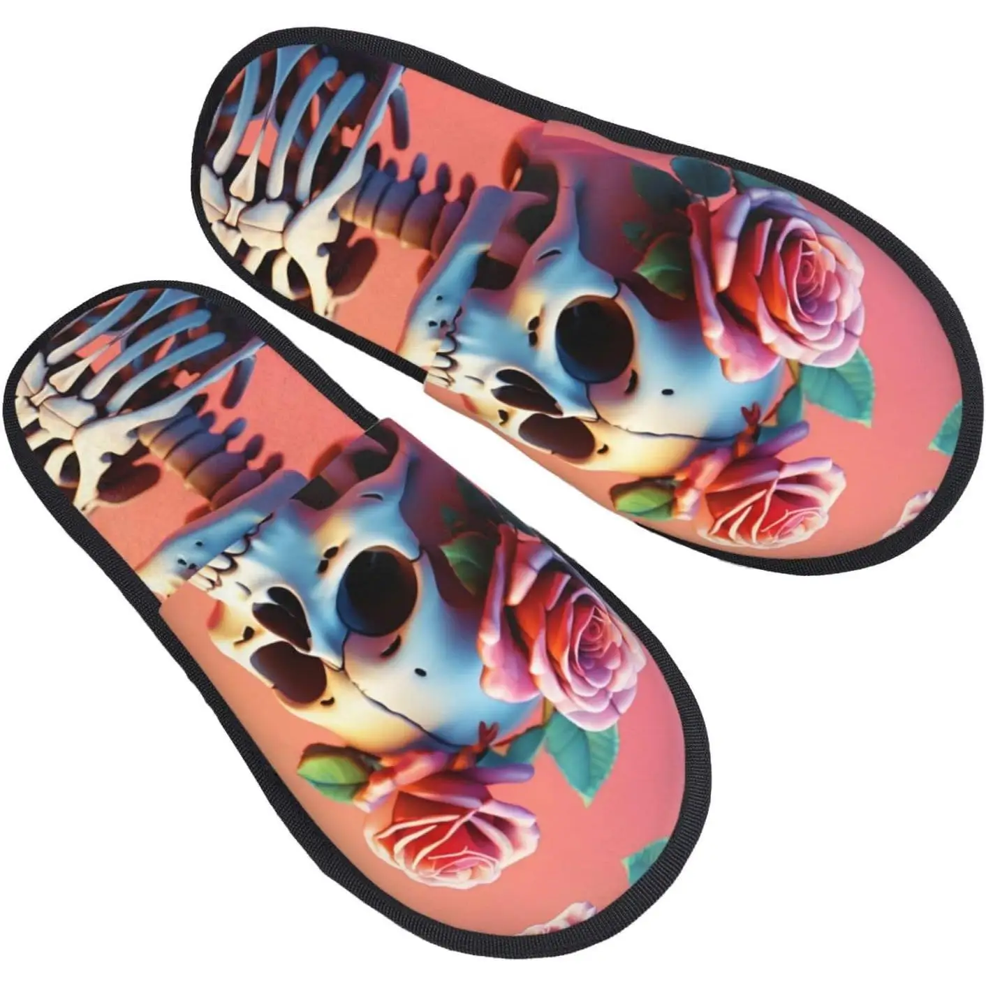 

Skull and Red Rose printing Fall Winter Fuzzy Slippers Comfy House Shoes Portable for Hotel Travel Gifts for Women and Men