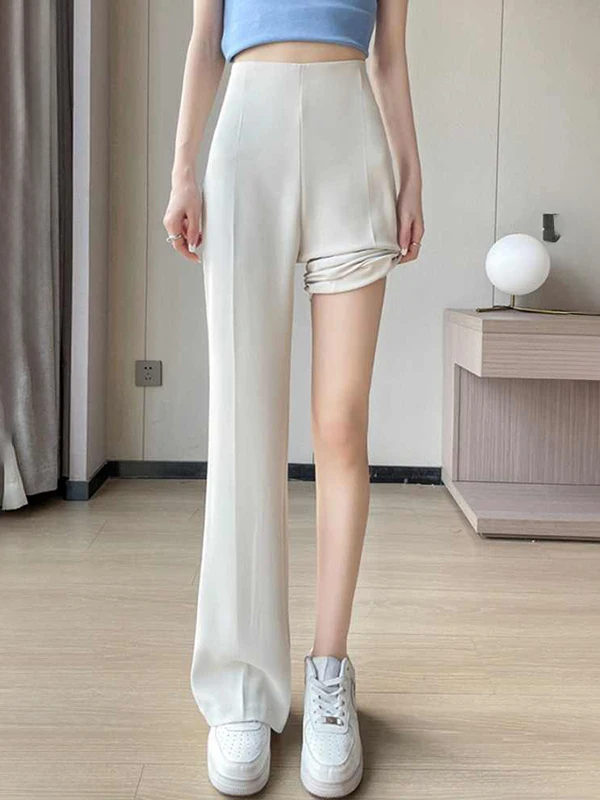 Pantaloni da abito micro svasati in seta bianca di ghiaccio da donna 2025 Nuova estate coreana Sle Pantaloni semplici a gamba dritta slim di piccole dimensioni