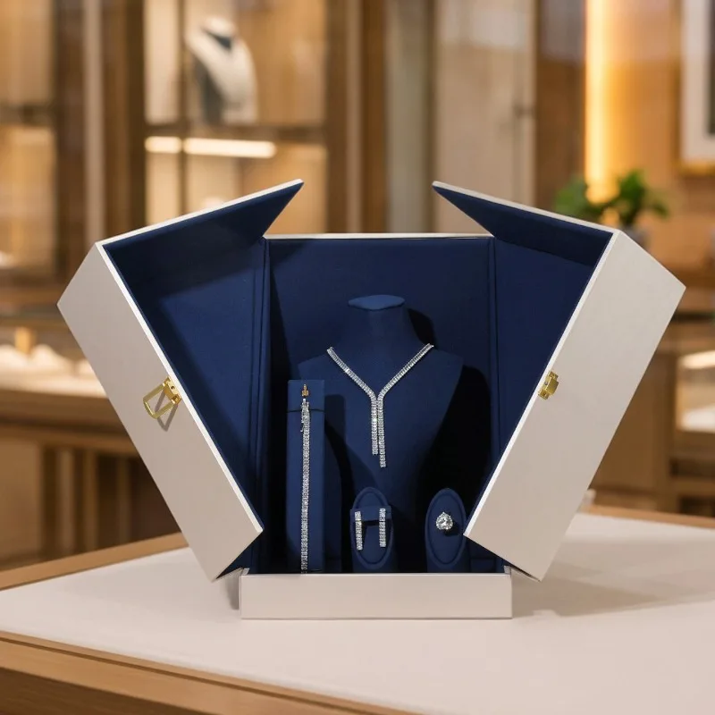 Leather Jewelry Set Display Box Luxury Necklace Rings Sets Showcase Boxes Counter Earring Container Women's Jewelry Storage Case