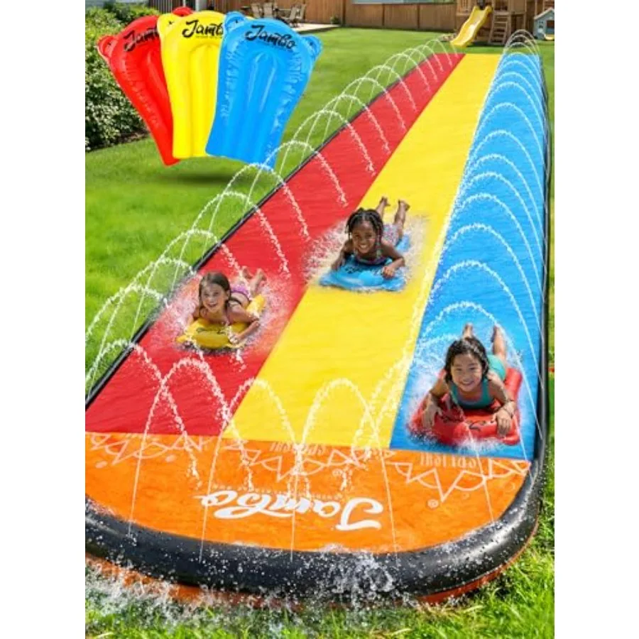 Backyard outdoor water fun for kids: triple lane slip splash and slide, PVC material, blue and yellow, 22.5ft with built-in sur