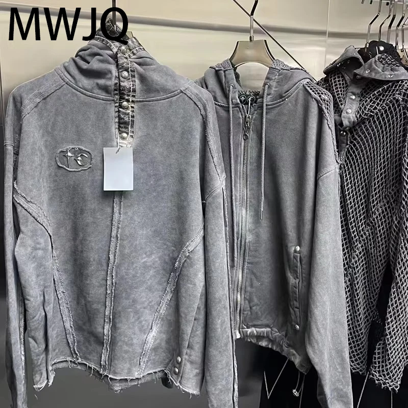 MWJQ Metal Button Patchwork Men's Leather Hooded Sweatshirt High Street Worn-out Washed Streetwear Vintage Tops Spring 010069