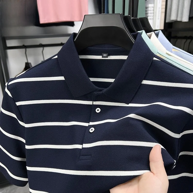 

Summer Cotton ort Sve irt Men's Casual Breathable Sweat Absorbent Striped Flip Collar Lightweight Faion Ci Wear