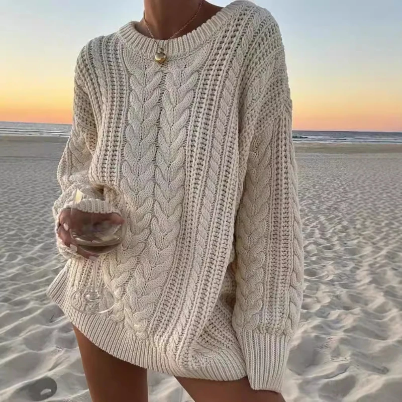 Fashion Versatile Classic Design Knitted Sweater Round Neck Fried Dough Twists Pattern Sweater Women's Top Medium Long Styles