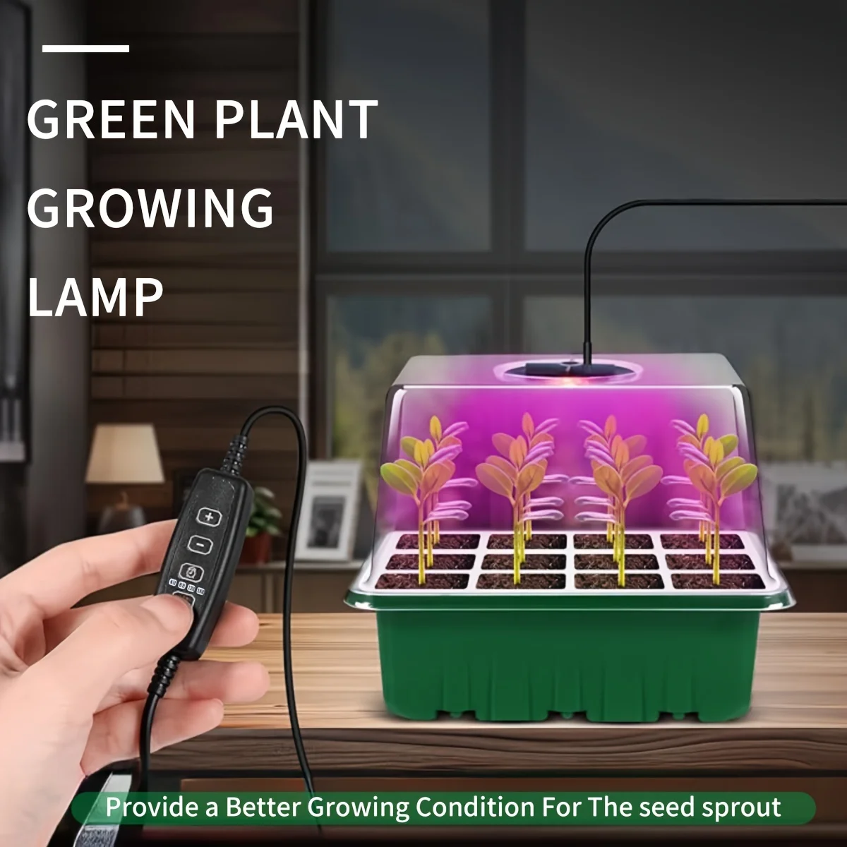 

4/5/6pcs 12-hole lamp-equipped elevated cover seedling box (10 labels 1 seedling remover)-Green