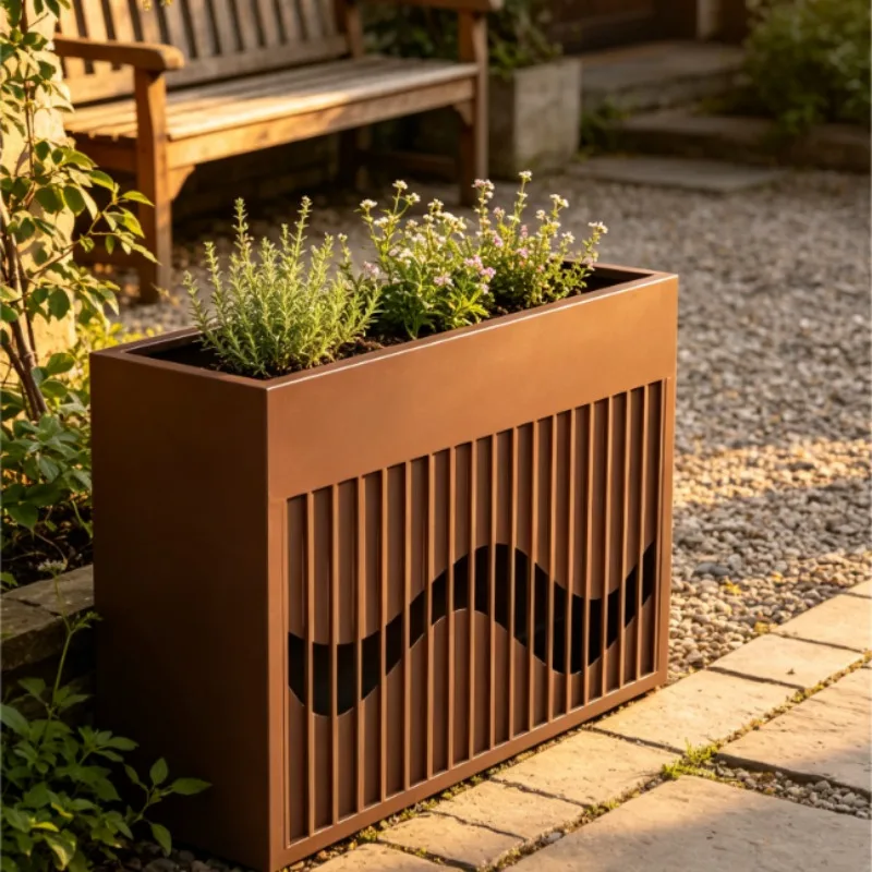 Long Rectangular Metal Plant Growing Container Vertical Strip Cutout Wave Hollow Pattern Outdoor Patio Planting Vessel