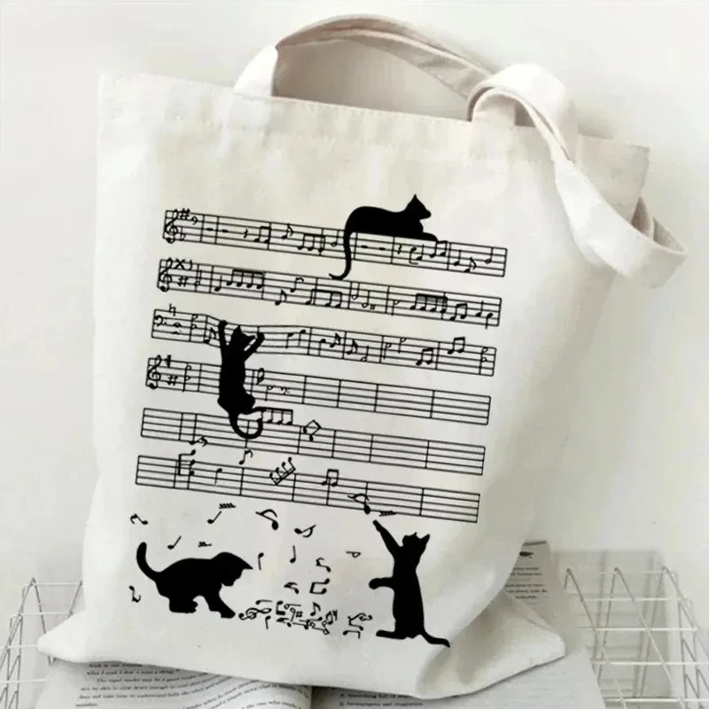

Fashion Music Symbol Cat Ladies Canvas Tote Bag Casual Shoulder Bag Eco Large Capacity Portable Travel Shopping Bag Schoolbag