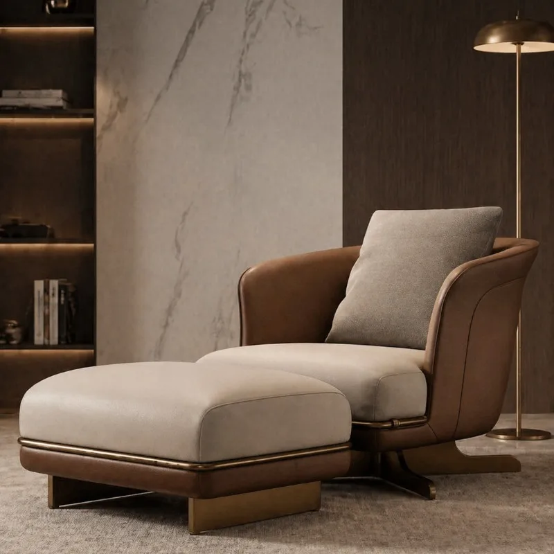 Italian light luxury leather sofa footstool, living room leisure chair matching footstool, two-color splicing living room sofa