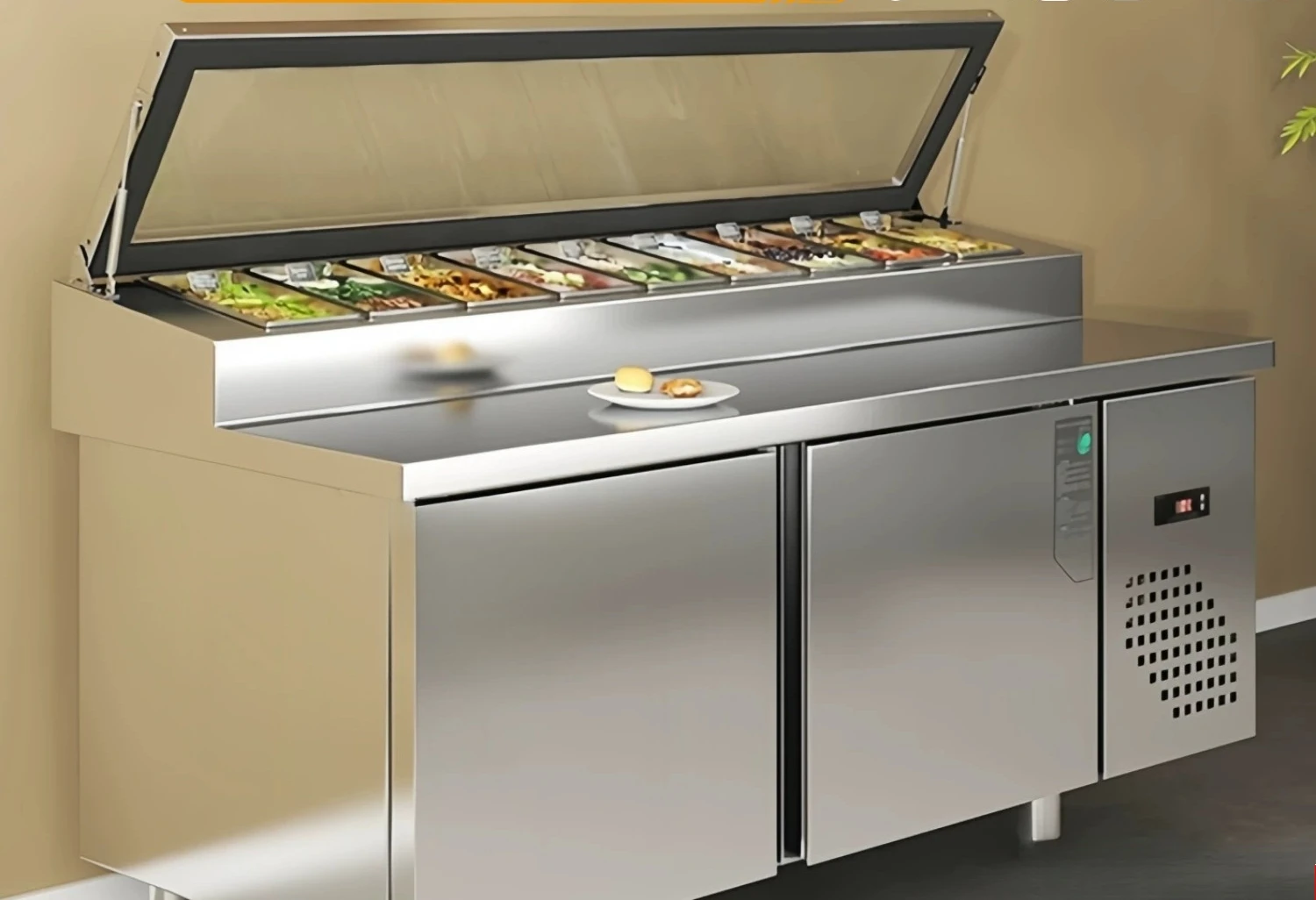 Air-cooled salad Taiwanese merchant refrigerates with pizza spreader, slots work, fruit fishing freezer