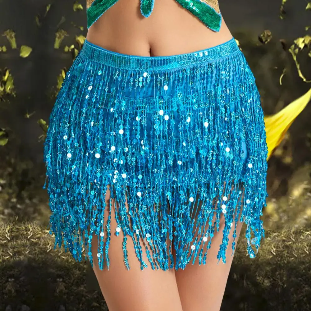 Belly Dance Skirt Sequin Tassel Waist Hip Scarf Exotic Style Thin Skirt Mesh Festivel Stage Performance Cosplay Mini Skirt