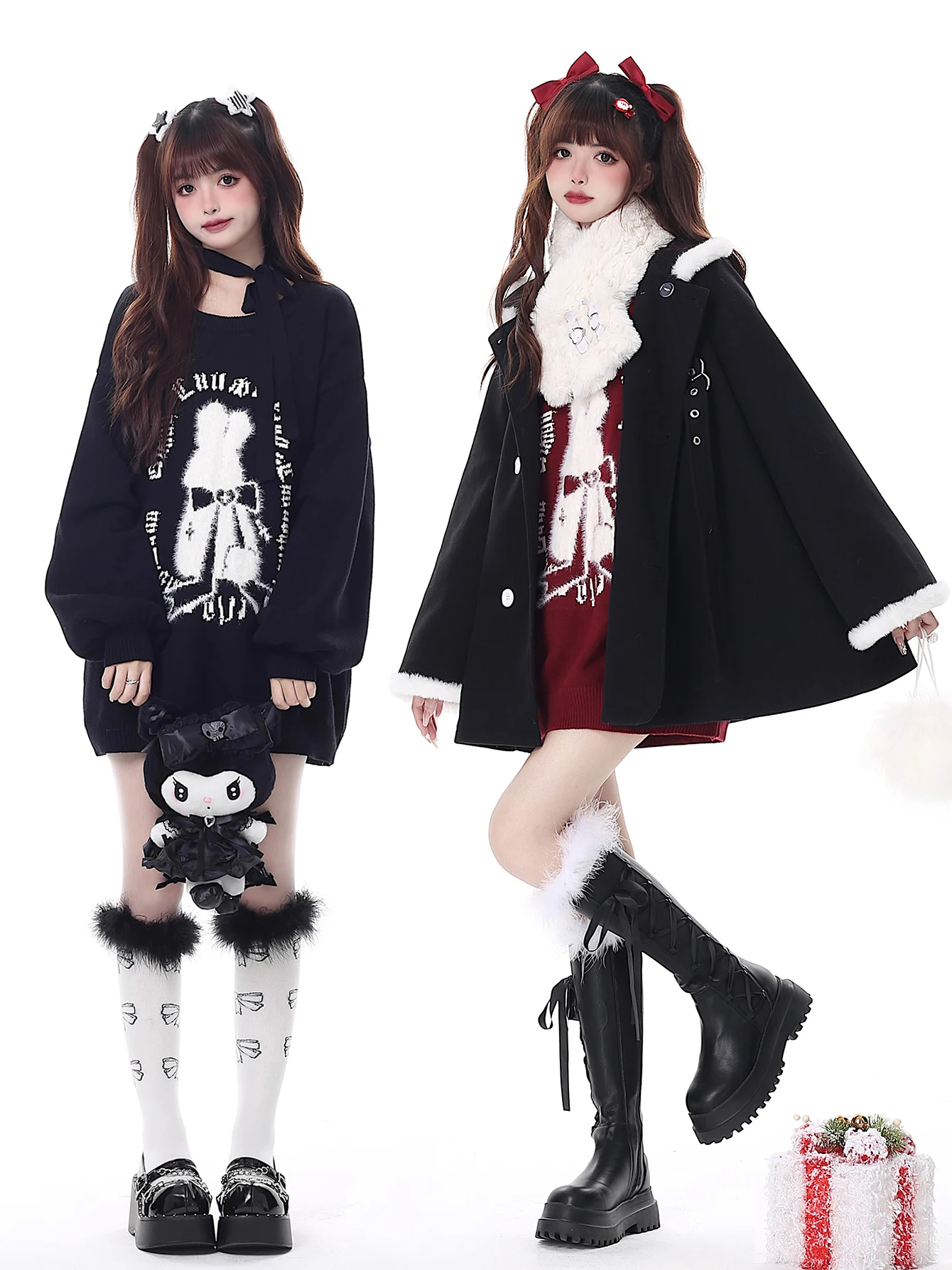 REDDACHiC Bunny Christmas Sweater Pullover Lantern Sleeves Casual Oversized Top