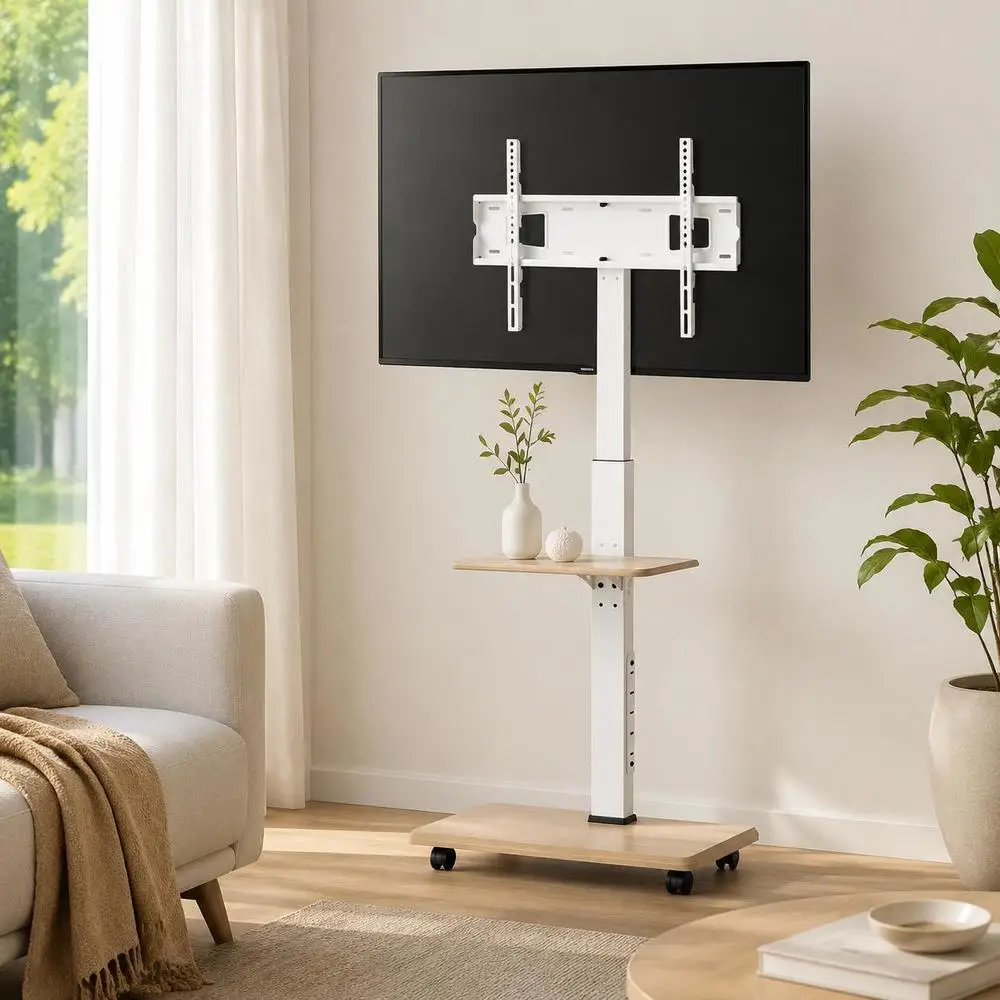 Rollbarer TV-Ständer für Fernseher mit einer Breite von 812,8–1778 mm und einem Gewicht von bis zu 40 kg, 25 °   TV-Wandhalterung mit Links-Rechts-Drehfunktion und Höhenverstellung, inklusive Ablage,