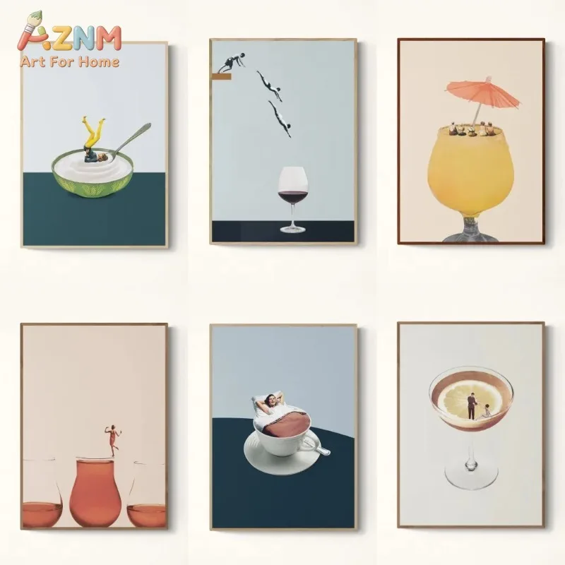 Surreal Collage Gallery Wall Art Set Abstract Creative Wine Cup Travel Bus Jellyfish Illustration CanvasPosterLivingRoom Bedroom