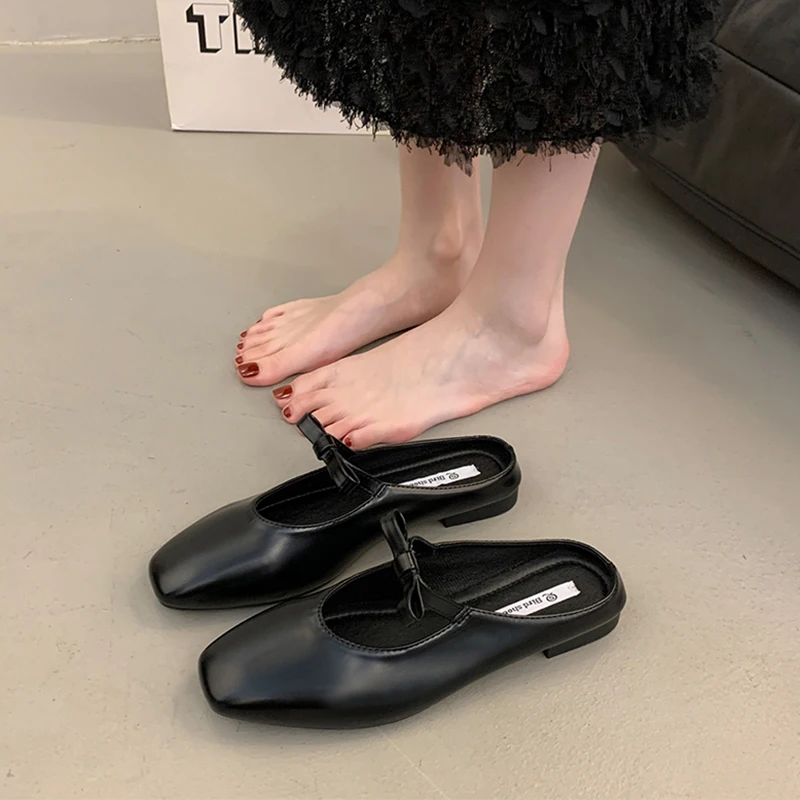 Cover Toe Low Flat Shoes Female Ladies' Slippers Slipers Women Summer 2024 Rubber Fabric Mary Janes Slides PU Hoof Heels Rome