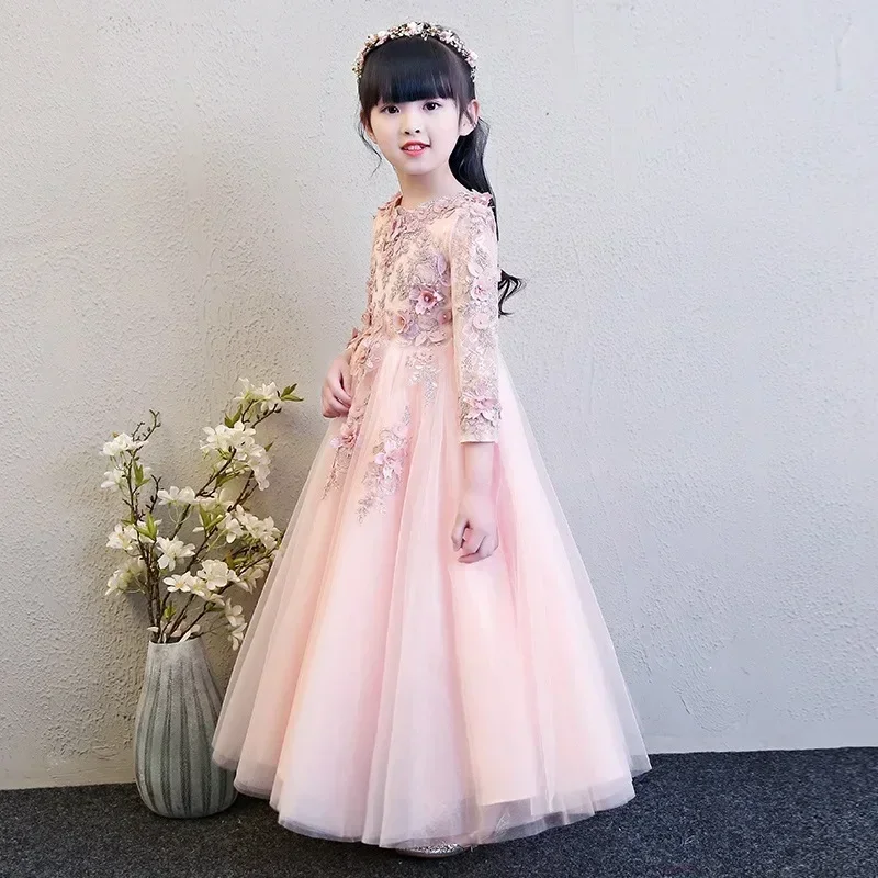 Elegant Pink Tulle Flower Girl Princess Lace Dress for Wedding Long Sleeves Appliques Kids Party Prom First Communion Gowns