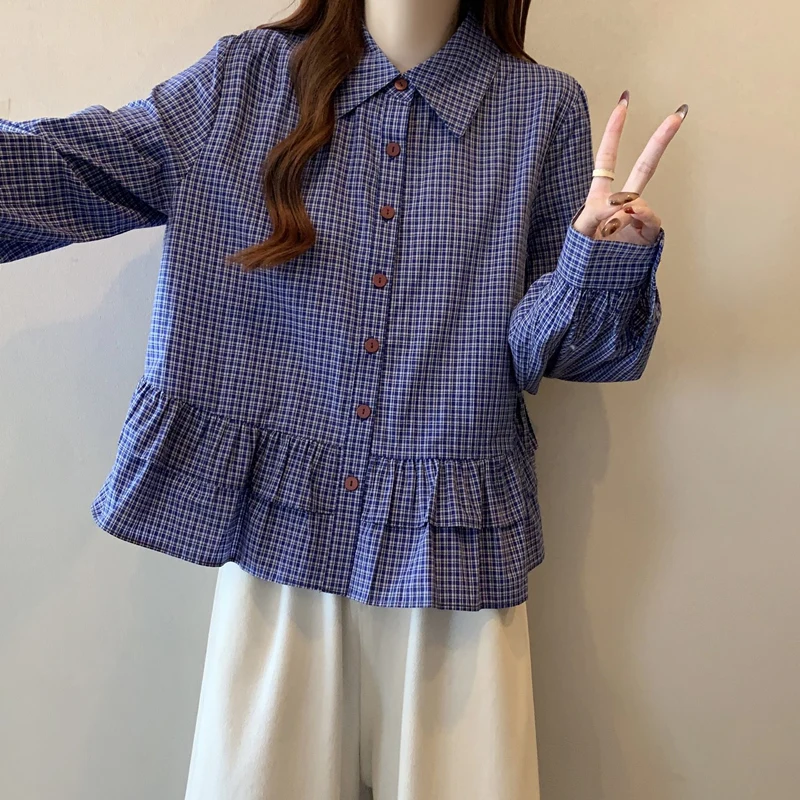 

Blue Plaid Blouse Women's oulder Length irt Floral Early Autumn New Sle plus Size Unique Top Commute Sle Korean ...