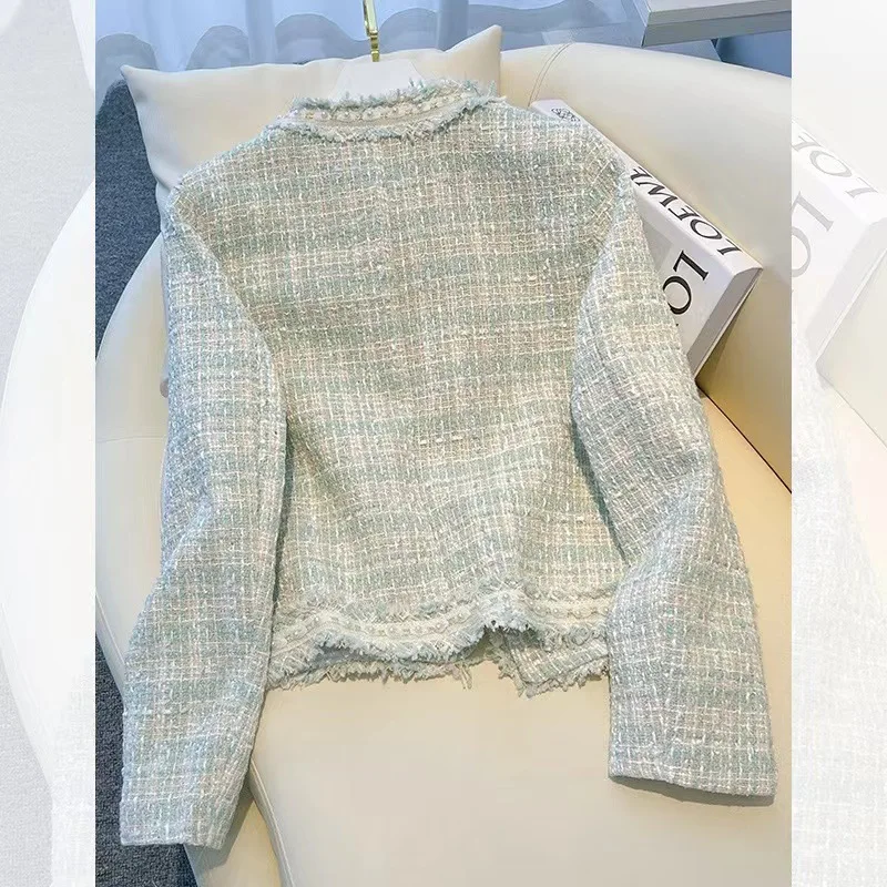 Pearl Round Neck Sweet Small Fragrance Coat Female New Autumn Winter Korea Chic Loose Slim White Tweed Short Jacket Women 1689